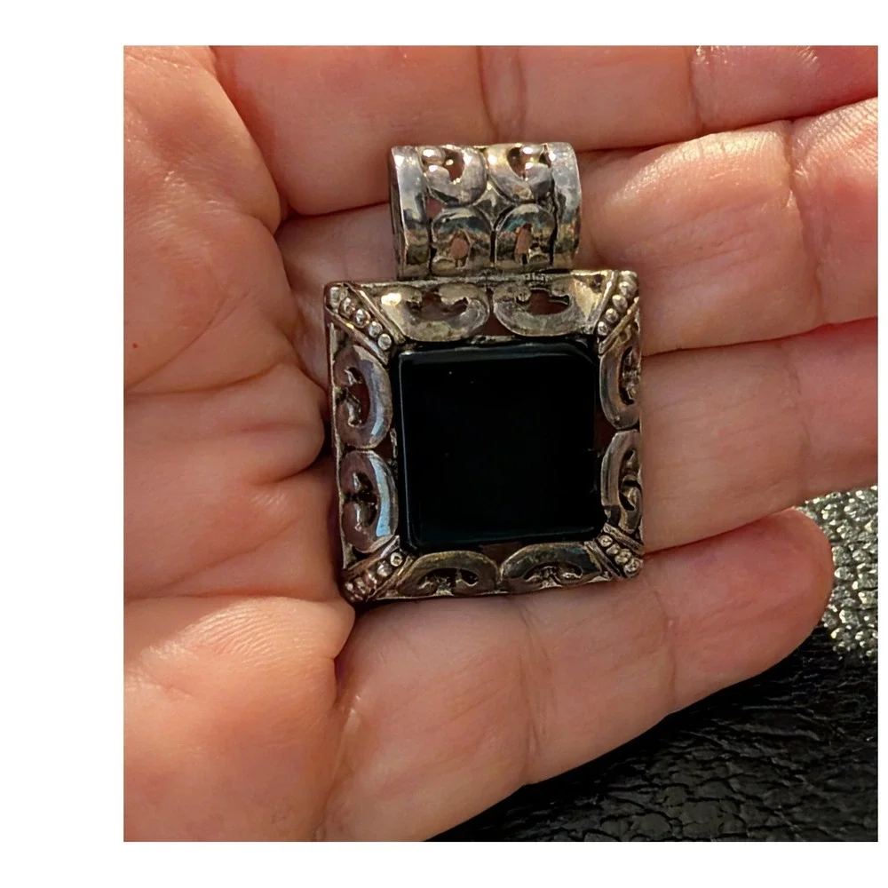 Vintage Black Pendant Silver Tone Square Stone Filigree Ornate Signed Best